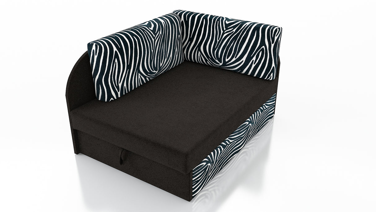 UNIVERSAL CORNER SOFA BED KUBUS CUBE BLACK / ZEBRA Children roomTHIS MODEL IS UNIVERSAL WHICH MEANS YOU CAN CHOOSE CORNER SIDE DURING ASSEMBLYCHILDREN CORNER SOFA BEDSOFKA NAROZNIK TAPCZANIK DZIECIECY - depth 77 cm- width 106 cm- height with bacon 50 cm-