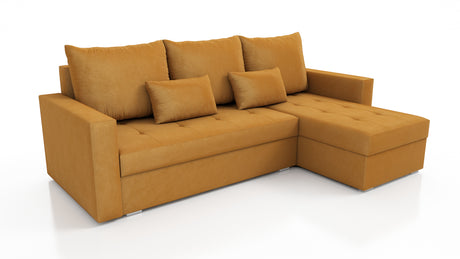UNIVERSAL CORNER SOFA BED LOTUS 229CM YELLOW KRONOS 01 2X STORAGE SPACE / FOAM 2X STORAGETHIS MODEL IS UNIVERSAL WHICH MEANS YOU CAN CHOOSE CORNER SIDE DURING ASSEMBLYSpecification made on foam construction made of board / pine wood / hdf satin plastic le