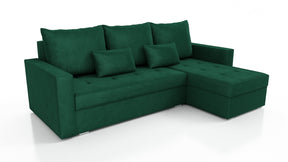 UNIVERSAL CORNER SOFA BED LOTUS 229CM GREEN KRONOS 19 2X STORAGE SPACE / FOAM 2X STORAGETHIS MODEL IS UNIVERSAL WHICH MEANS YOU CAN CHOOSE CORNER SIDE DURING ASSEMBLYSpecification made on foam construction made of board / pine wood / hdf satin plastic leg