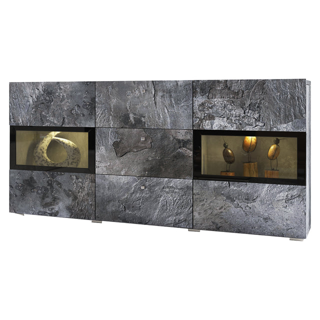 SIDEBOARD BAROS 132CM SHIEFERDimensions Width132cm Height70cm Depth39cmSpecific information ColorationSHIEFERMaterialLaminated furniture board LED lightingIt is not included in the priceAnna Furniture