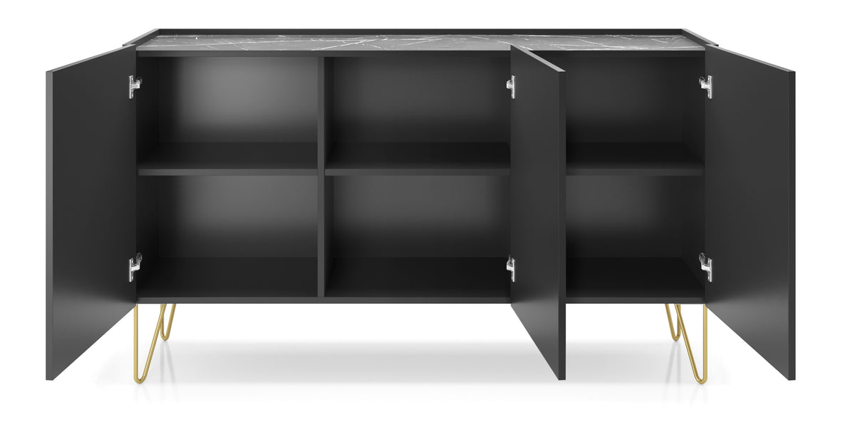 Storage cabinet HARMONY 03 black / black marbleStorage cabinet HARMONY 03 black / black marble 144/83/37CM ColourBlack / Black marble + Golden MaterialLaminated board 16mm VeneerEdging ABS Metal Legs PUSH-TO-OPENAnna Furniture