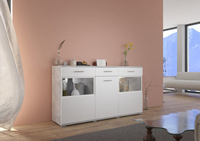 SIDEBOARD MAXI WHITE/GREY 154CMChest of drawers dimensions: 1540 x 858 x 402mm (W x H x D)Number of packages: 2Front:- 15mm white laminated board- melamine rim- glass with a black print- handle: 128mm plasticBody:- 15mm white laminated board- melamine rim