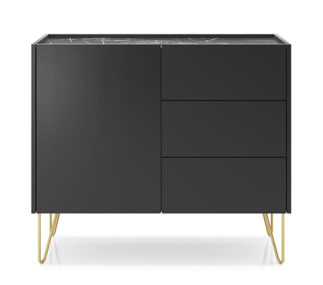 Storage cabinet HARMONY 02 black / black marbleStorage cabinet HARMONY 02 black / black marble 97/83/37CM ColourBlack / Black marble + Golden MaterialLaminated board 16mm VeneerEdging ABS Metal Legs PUSH-TO-OPENAnna Furniture