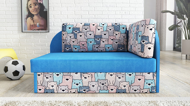 UNIVERSAL CORNER SOFA BED KUBUS CUBE BLUE / TEDDY Children roomTHIS MODEL IS UNIVERSAL WHICH MEANS YOU CAN CHOOSE CORNER SIDE DURING ASSEMBLYCHILDREN CORNER SOFA BEDSOFKA NAROZNIK TAPCZANIK DZIECIECY - depth 77 cm- width 106 cm- height with bacon 50 cm- 7