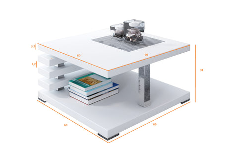 COFFEE TABLE KYOTO WHITE GLOSSIntroducing COFFEE TABLE KYOTO, an ideal addition to any corner or regular sofa. Its sleek and contemporary rung-shaped structure, adorned with metallic accents, makes it a standout piece. Constructed from a 32mm thick board,