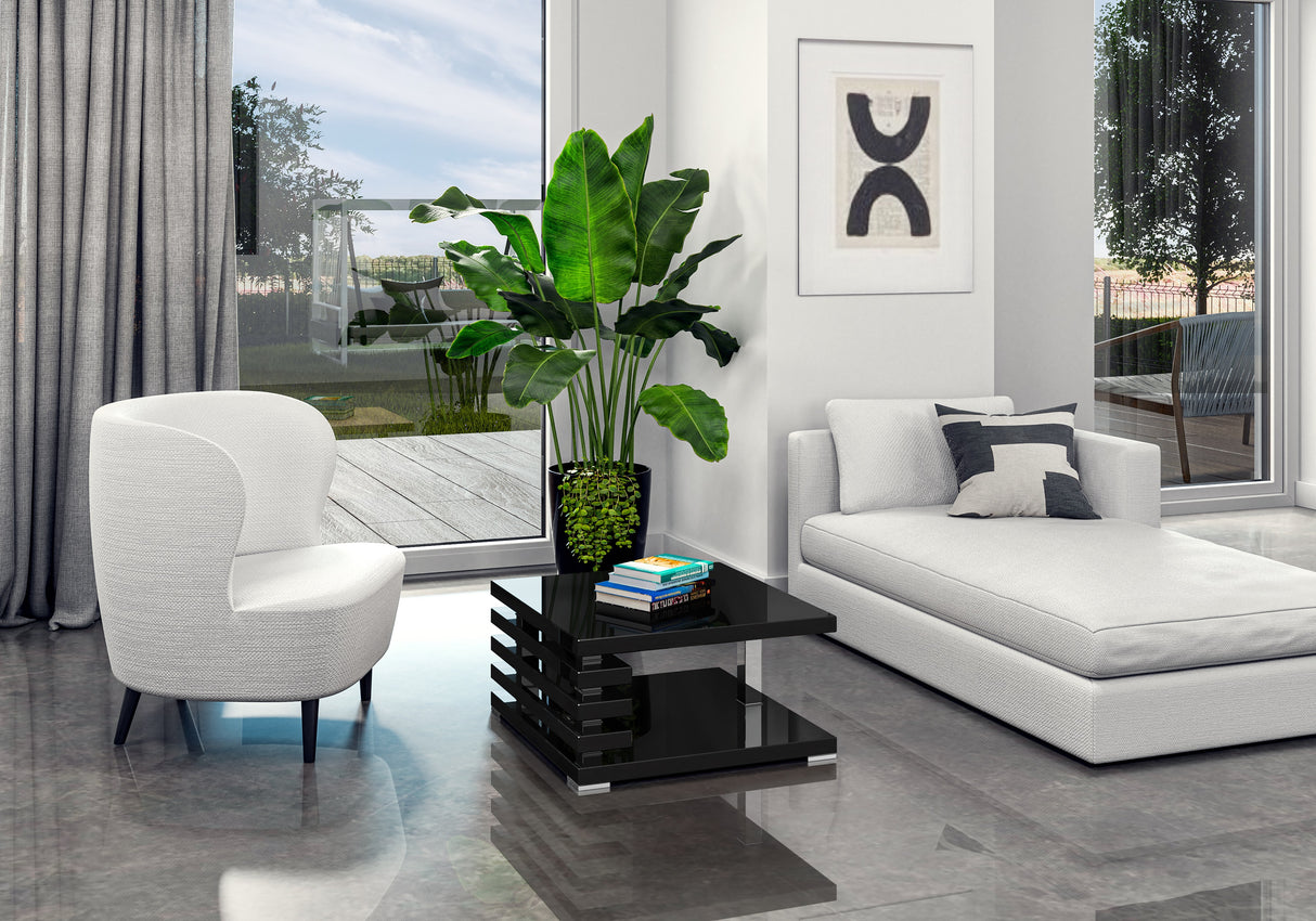 COFFEE TABLE KYOTO BLACK GLOSSIntroducing COFFEE TABLE KYOTO, an ideal addition to any corner or regular sofa. Its sleek and contemporary rung-shaped structure, adorned with metallic accents, makes it a standout piece. Constructed from a 32mm thick board,