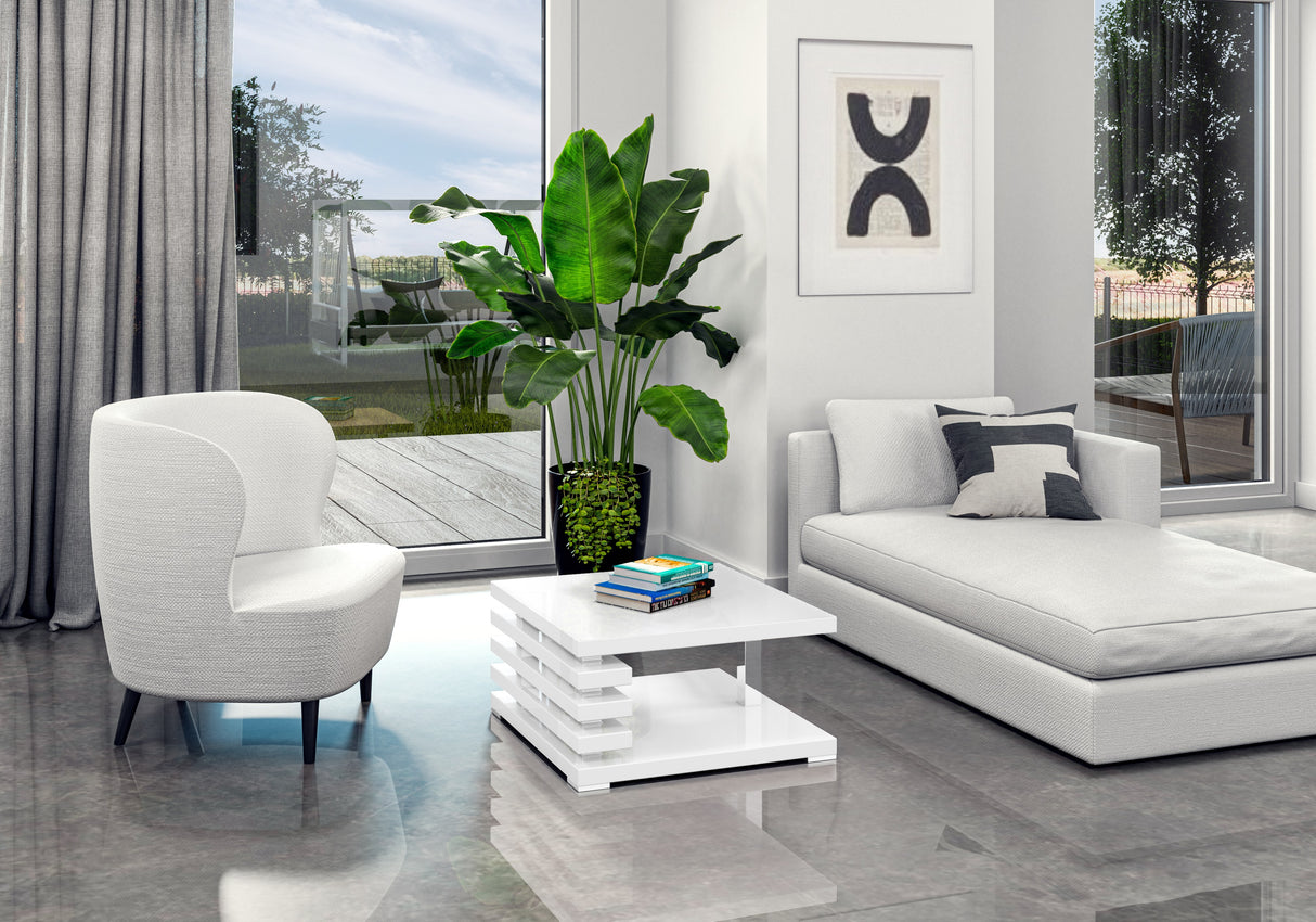 COFFEE TABLE KYOTO WHITE GLOSSIntroducing COFFEE TABLE KYOTO, an ideal addition to any corner or regular sofa. Its sleek and contemporary rung-shaped structure, adorned with metallic accents, makes it a standout piece. Constructed from a 32mm thick board,