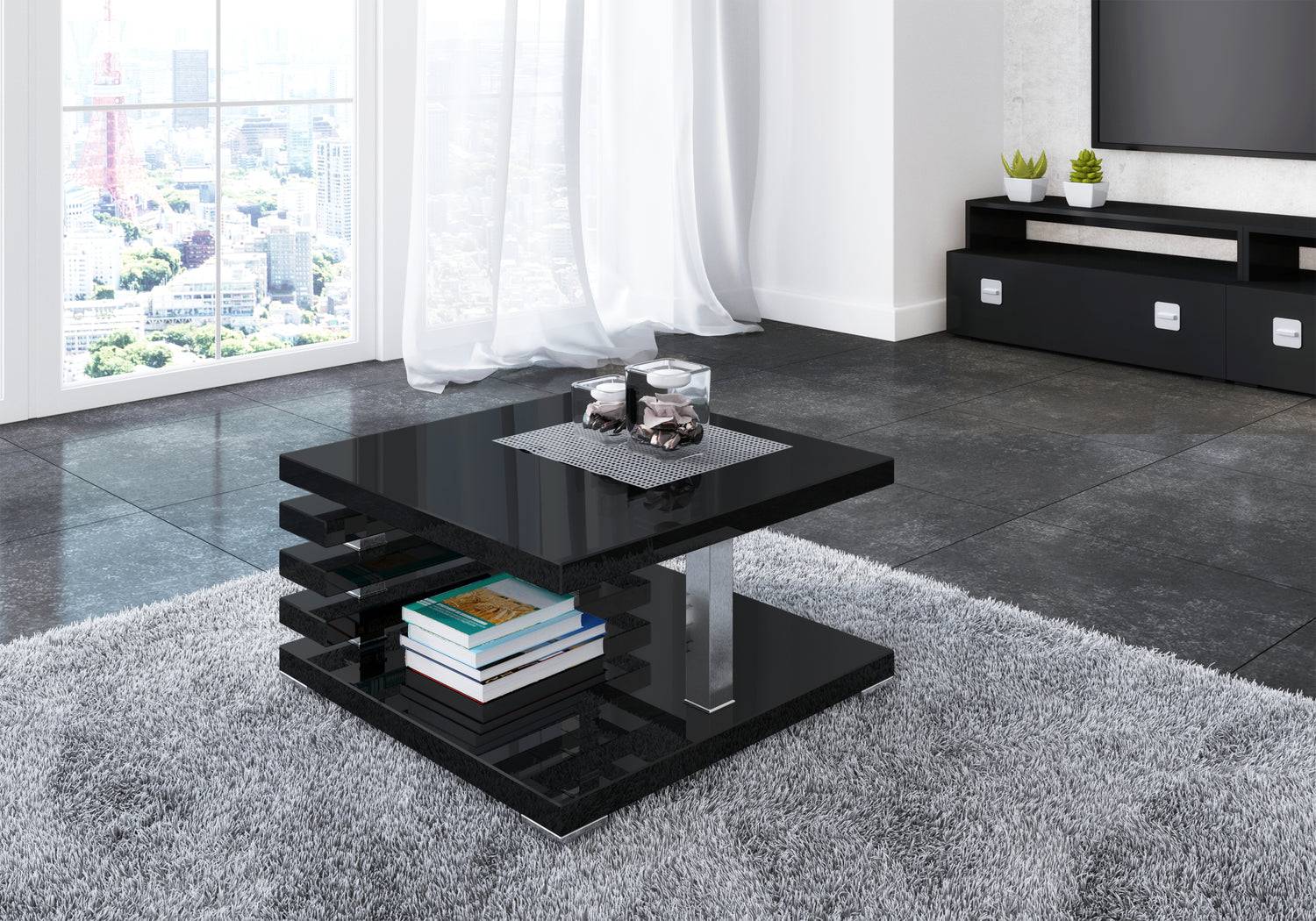 COFFEE TABLE KYOTO BLACK GLOSSIntroducing COFFEE TABLE KYOTO, an ideal addition to any corner or regular sofa. Its sleek and contemporary rung-shaped structure, adorned with metallic accents, makes it a standout piece. Constructed from a 32mm thick board,