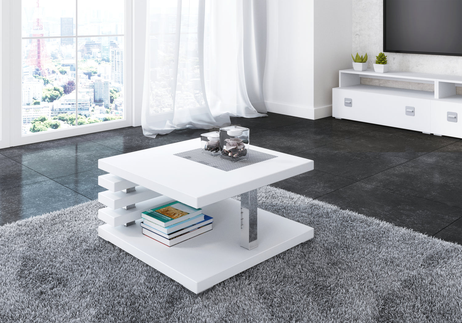 COFFEE TABLE KYOTO WHITEIntroducing COFFEE TABLE KYOTO, an ideal addition to any corner or regular sofa. Its sleek and contemporary rung-shaped structure, adorned with metallic accents, makes it a standout piece. Constructed from a 32mm thick board, this
