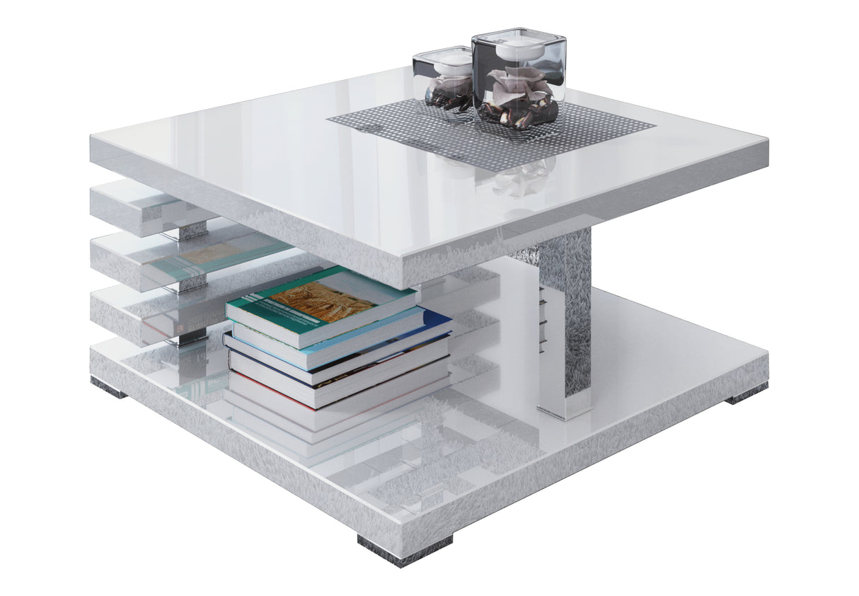 COFFEE TABLE KYOTO WHITE GLOSSIntroducing COFFEE TABLE KYOTO, an ideal addition to any corner or regular sofa. Its sleek and contemporary rung-shaped structure, adorned with metallic accents, makes it a standout piece. Constructed from a 32mm thick board,