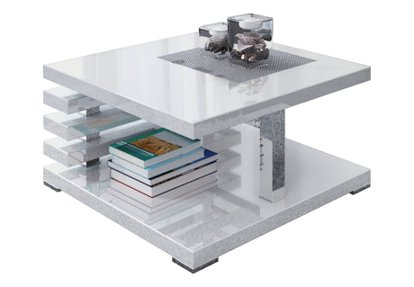 COFFEE TABLE KYOTO WHITE GLOSSIntroducing COFFEE TABLE KYOTO, an ideal addition to any corner or regular sofa. Its sleek and contemporary rung-shaped structure, adorned with metallic accents, makes it a standout piece. Constructed from a 32mm thick board,