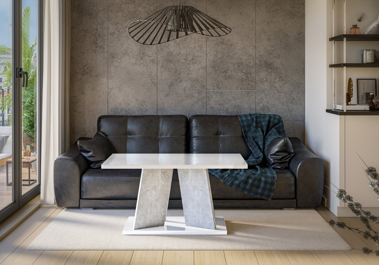 COFFEE TABLE MUFO WHITE GLOSS / STONE GREYCoffee Table MUFO WHITE GLOSS / STONE GREY Enhance any space with the COFFEE TABLE MUFO BLACK GLOSS / STONE GREY. Its innovative structure brings a contemporary and airy element to your home. Perfect for various r