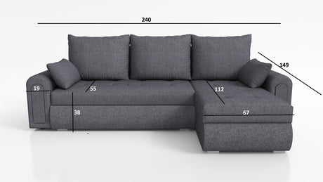 UNIVERSAL CORNER SOFA BED ECO 240CM BERLIN 02 / MADRYT 9100 2X STORAGETHIS MODEL IS UNIVERSAL WHICH MEANS YOU CAN CHOOSE CORNER SIDE DURING ASSEMBLY Specifications: frame made of pine wood and furniture board (synee) Seats are made of I species foam t28/4