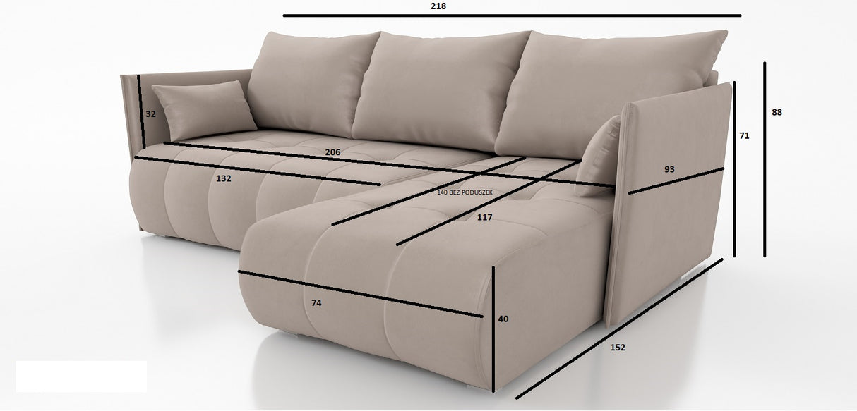 CORNER SOFA BED NESS 214CM / SPRINGS + FOAM / CHOICE OF COLOR - Anna Furniture