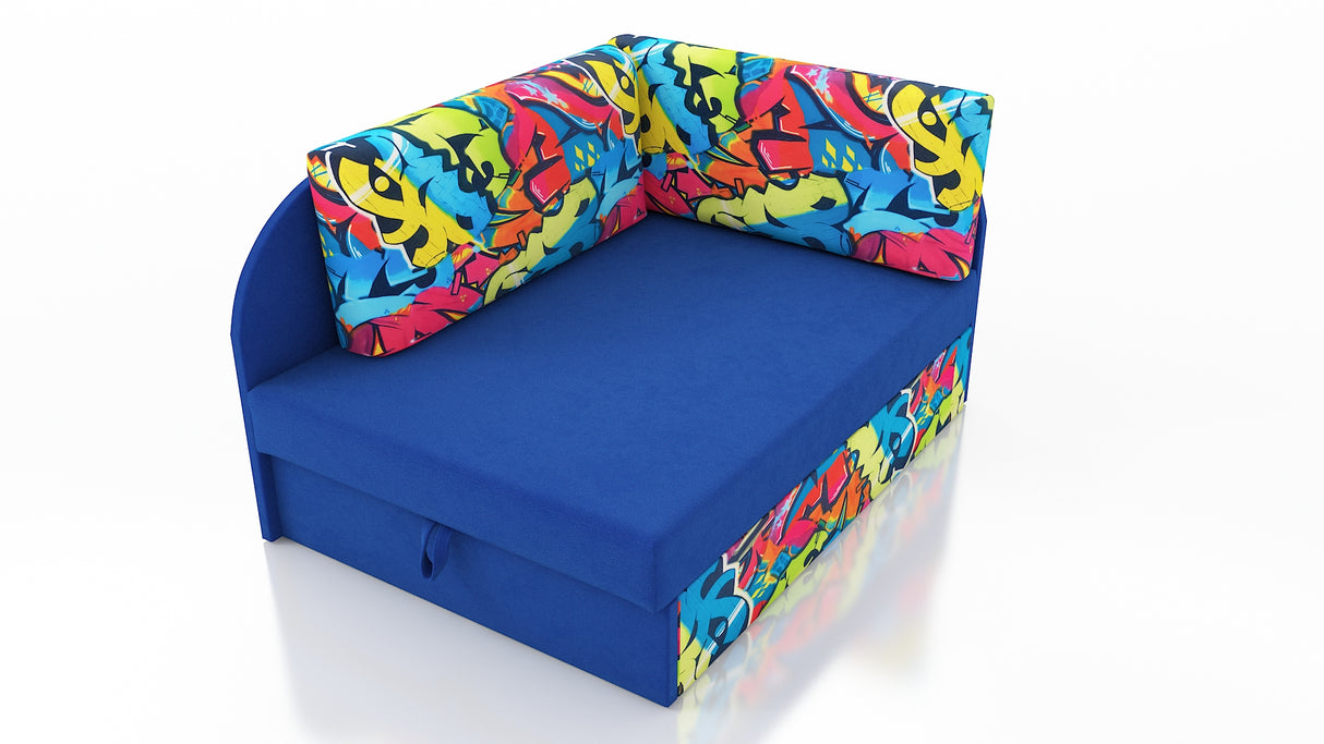 UNIVERSAL CORNER SOFA BED KUBUS CUBE BLUE / GRAPHITI Children roomTHIS MODEL IS UNIVERSAL WHICH MEANS YOU CAN CHOOSE CORNER SIDE DURING ASSEMBLYCHILDREN CORNER SOFA BEDSOFKA NAROZNIK TAPCZANIK DZIECIECY - depth 77 cm- width 106 cm- height with bacon 50 cm