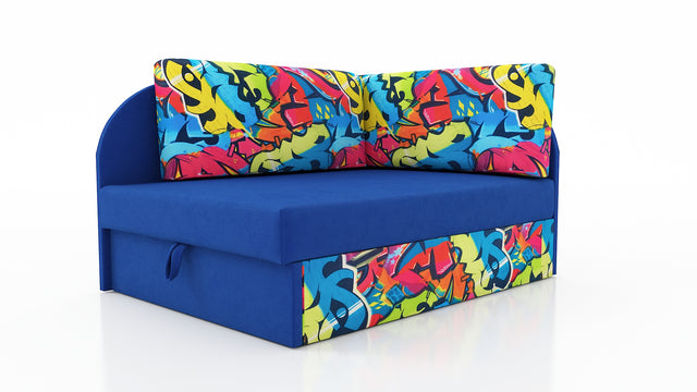 UNIVERSAL CORNER SOFA BED KUBUS CUBE BLUE / GRAPHITI Children roomTHIS MODEL IS UNIVERSAL WHICH MEANS YOU CAN CHOOSE CORNER SIDE DURING ASSEMBLYCHILDREN CORNER SOFA BEDSOFKA NAROZNIK TAPCZANIK DZIECIECY - depth 77 cm- width 106 cm- height with bacon 50 cm