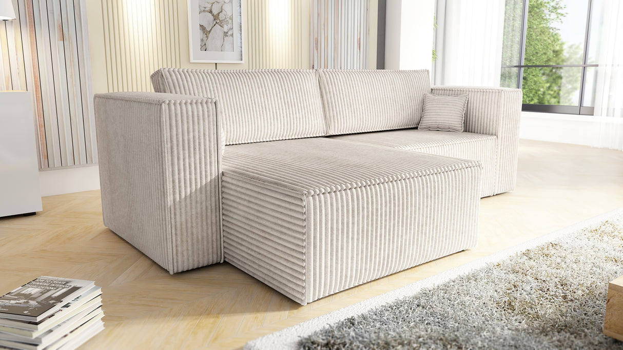 CORNER SOFA BED OTTO TILIA 255CM UNIVERSAL CORNEROTTO corner sofacontainer dimensions:• length: 97 cm,• width: 62 cm,• height: 24 cm.Sleeping function:width 205 cmdepth 125 cm/ 138 cmpackaging:sides: 95/50/73 28 kgdouble + backrest: 62/78/103 39 kgottoman