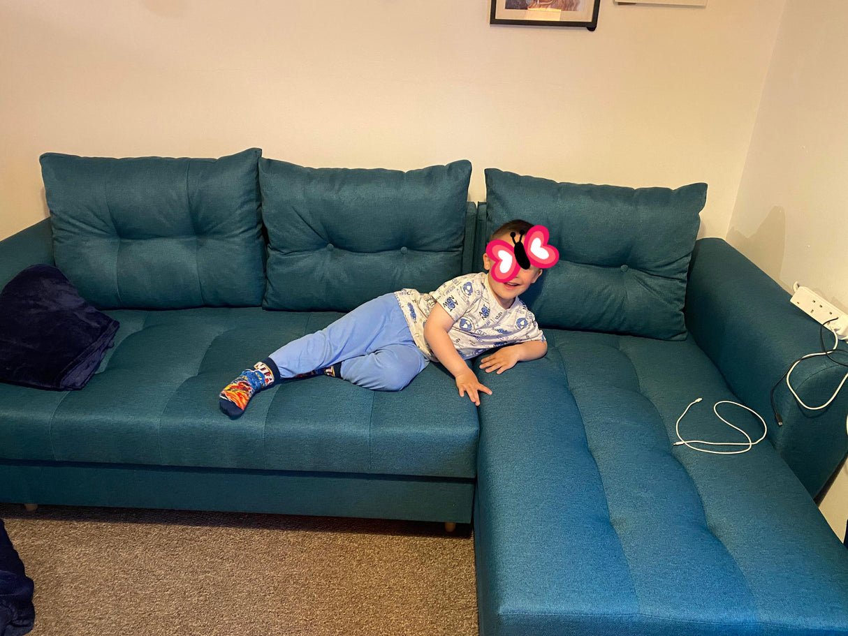 CORNER SOFA BED PALMO 2X STORAGE SPACE MALMO 85 240cm universal RIGHT/LEFT CORNER / BONELL SPRINGS + FOAMVIEW ALL COLORS CLICK HERETHIS MODEL IS UNIVERSAL WHICH MEANS YOU CAN CHOOSE CORNER SIDE DURING ASSEMBLYMADE IN MALMO FABRIC CLICK HERE3x PILLOWS INCL