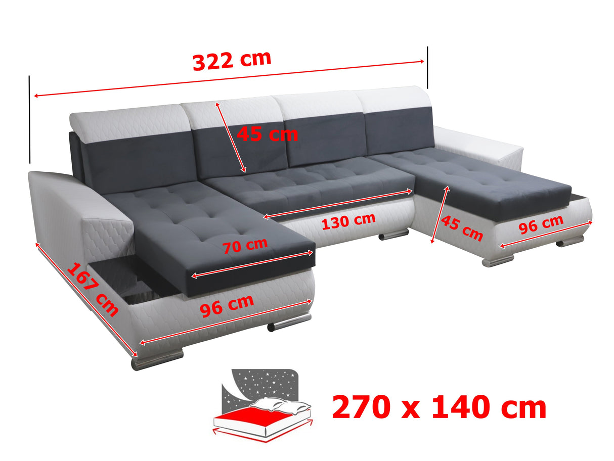 CORNER SOFA BED LONDON U SHAPE 2315/1132/60 322CM 3X STORAGE SPACE STAIN RESISTANT EASY CLEAN FABRIC / BONELL SPRINGS + FOAMFABRIC:CASABLANCA + FAUX LEATHERFEATURES:3X STORAGE CONTAINERS2XGLASS SHELFSTAIN RESISTANT FABRICBONELL SPRINGS + FOAMCASABLANCAIs