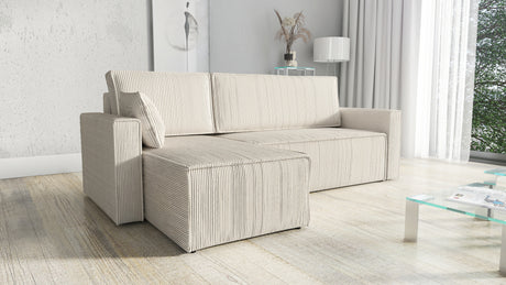 CORNER SOFA BED ROBI 240CM / SPRINGS + FOAM / CHOICE OF COLORThe corner sofa is made of corduroy fabricDimensions:sleeping area 131/206width 240 cmdepth 150 cmheight to the seat 41 cm* dimensions given with a tolerance of +/- 3 cmSpecification:- universal