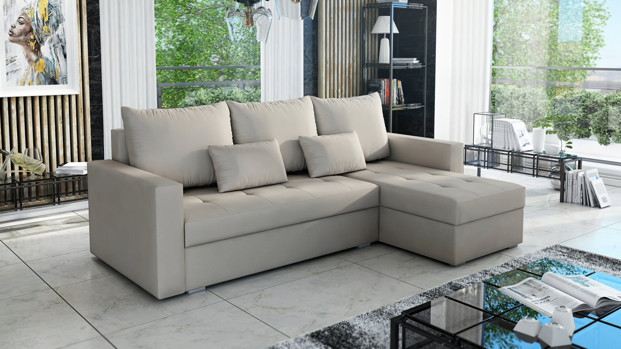 UNIVERSAL CORNER SOFA BED LOTUS 229CM BEIGE PAROS02 / FOAM 2X STORAGETHIS MODEL IS UNIVERSAL WHICH MEANS YOU CAN CHOOSE CORNER SIDE DURING ASSEMBLYSpecification made on foam construction made of board / pine wood / hdf satin plastic leg container for bedd