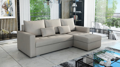 UNIVERSAL CORNER SOFA BED LOTUS 229CM BEIGE PAROS02 / FOAM 2X STORAGETHIS MODEL IS UNIVERSAL WHICH MEANS YOU CAN CHOOSE CORNER SIDE DURING ASSEMBLYSpecification made on foam construction made of board / pine wood / hdf satin plastic leg container for bedd