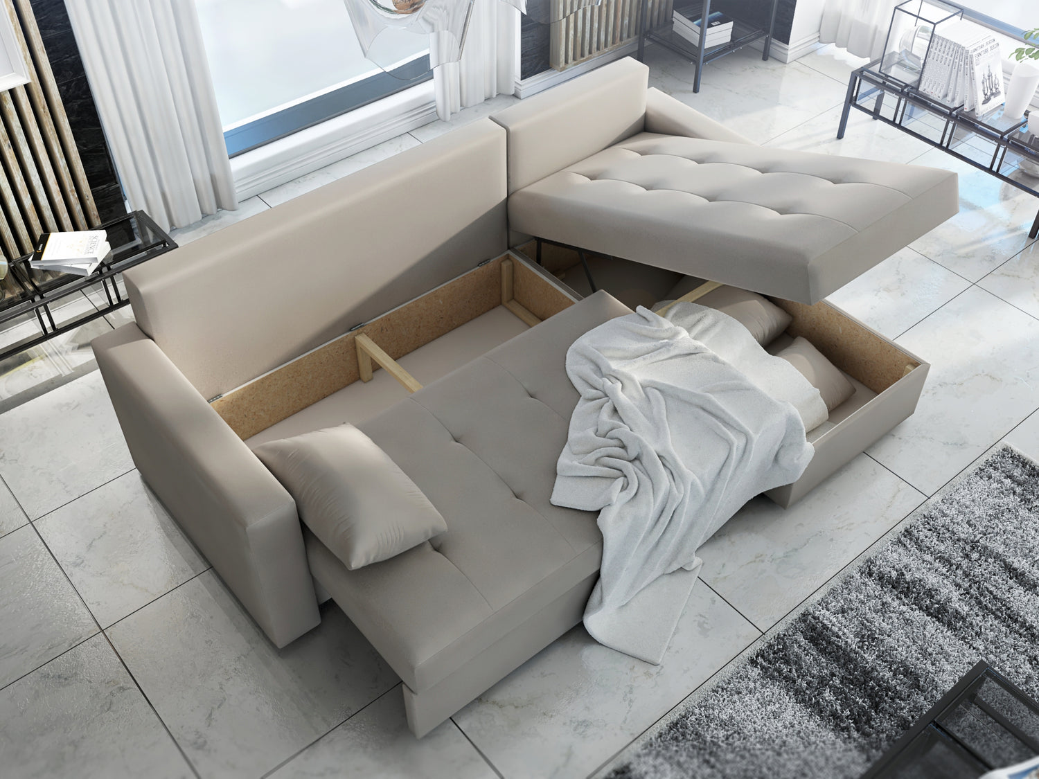UNIVERSAL CORNER SOFA BED LOTUS 229CM GREY SAWANA 05 2X STORAGE SPACE / FOAM 2X STORAGETHIS MODEL IS UNIVERSAL WHICH MEANS YOU CAN CHOOSE CORNER SIDE DURING ASSEMBLYSpecification made on foam construction made of board / pine wood / hdf satin plastic leg