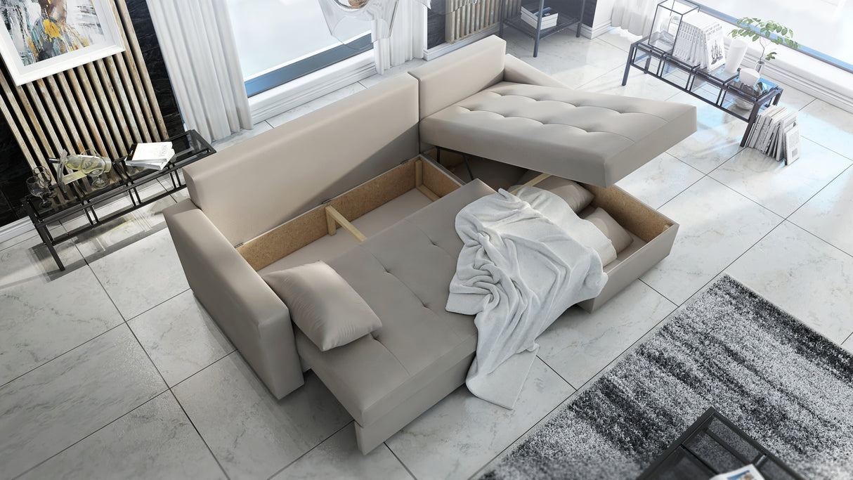 UNIVERSAL CORNER SOFA BED LOTUS 229CM GREY SAWANA 05 2X STORAGE SPACE / FOAM 2X STORAGETHIS MODEL IS UNIVERSAL WHICH MEANS YOU CAN CHOOSE CORNER SIDE DURING ASSEMBLYSpecification made on foam construction made of board / pine wood / hdf satin plastic leg