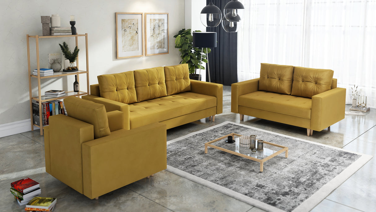 CANDY SOFA BEDS SET 3+2+1 / BONELL SPRINGS + FOAM / CHOICE OF MANY COLORSSpecification made of foam and bonel spring construction made of board / pine wood / hdf wood leg container for bedding sleeping function automatic DL optional (Whatsapp us to order)