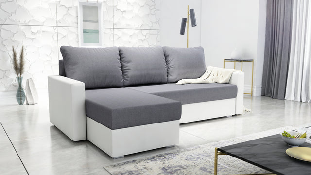 CORNER SOFA BED FOXY UNIVERSAL CORNER SAWANA 05 / WHITE FAUX LEATHER / FOAMTHIS MODEL IS UNIVERSAL WHICH MEANS YOU CAN CHOOSE CORNER SIDE DURING ASSEMBLY 1X Storage space 3X pillow includedzippered pillowshighly elastic foam t30/42sleeping functionunivers