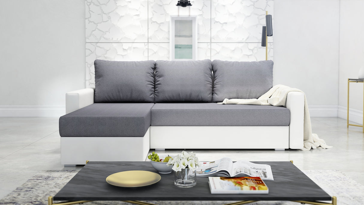 CORNER SOFA BED FOXY UNIVERSAL CORNER SAWANA 05 / WHITE FAUX LEATHER / FOAMTHIS MODEL IS UNIVERSAL WHICH MEANS YOU CAN CHOOSE CORNER SIDE DURING ASSEMBLY 1X Storage space 3X pillow includedzippered pillowshighly elastic foam t30/42sleeping functionunivers