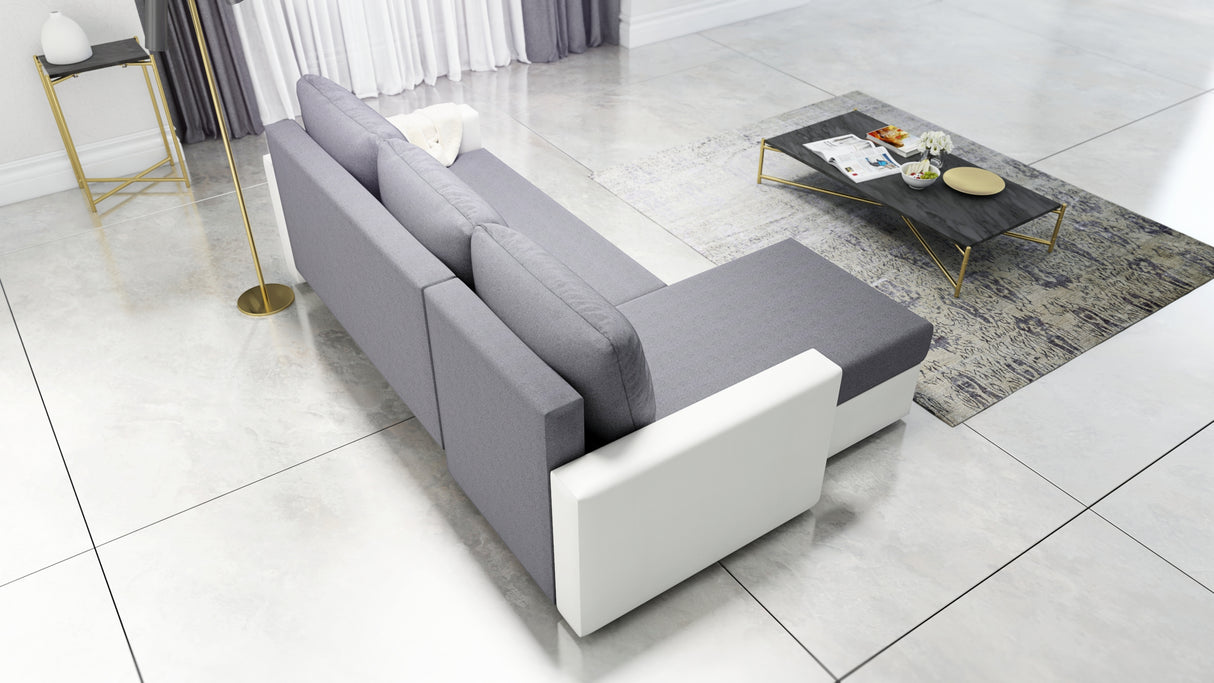 CORNER SOFA BED FOXY UNIVERSAL CORNER SAWANA 05 / WHITE FAUX LEATHER / FOAMTHIS MODEL IS UNIVERSAL WHICH MEANS YOU CAN CHOOSE CORNER SIDE DURING ASSEMBLY 1X Storage space 3X pillow includedzippered pillowshighly elastic foam t30/42sleeping functionunivers