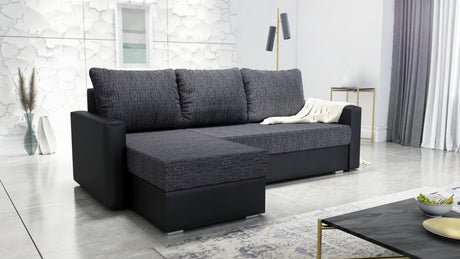 CORNER SOFA BED FOXY UNIVERSAL CORNER BERLIN 02 / BLACK FAUX LEATHER / FOAMTHIS MODEL IS UNIVERSAL WHICH MEANS YOU CAN CHOOSE CORNER SIDE DURING ASSEMBLY 1X Storage space 3X pillow includedzippered pillowshighly elastic foam t30/42sleeping functionunivers