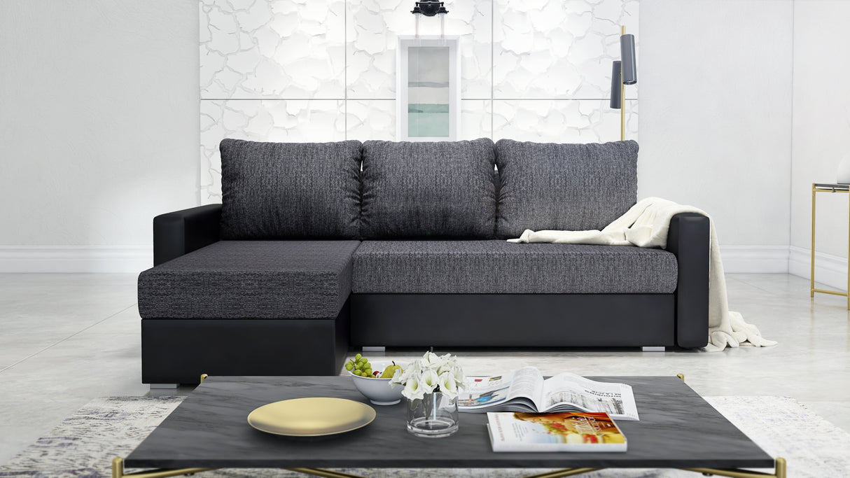 CORNER SOFA BED FOXY UNIVERSAL CORNER BERLIN 02 / BLACK FAUX LEATHER / FOAMTHIS MODEL IS UNIVERSAL WHICH MEANS YOU CAN CHOOSE CORNER SIDE DURING ASSEMBLY 1X Storage space 3X pillow includedzippered pillowshighly elastic foam t30/42sleeping functionunivers