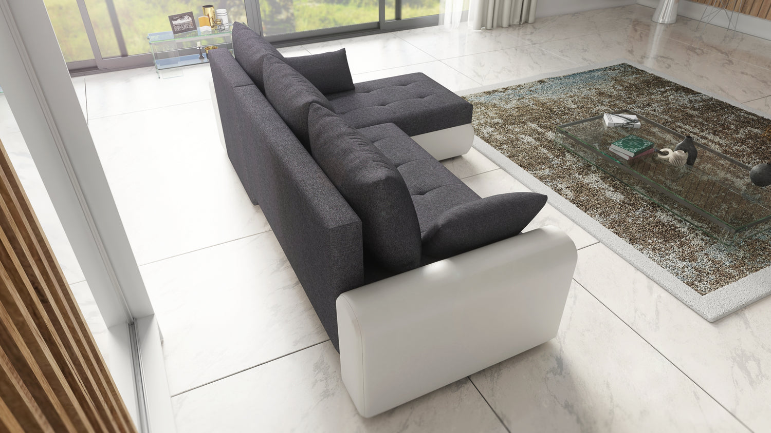 UNIVERSAL CORNER SOFA BED ECO 240CM GREY/WHITE FAUX LEATHER BERLIN 01 / MADRYT 920 2X STORAGETHIS MODEL IS UNIVERSAL WHICH MEANS YOU CAN CHOOSE CORNER SIDE DURING ASSEMBLY Specifications: frame made of pine wood and furniture board (synee) Seats are made