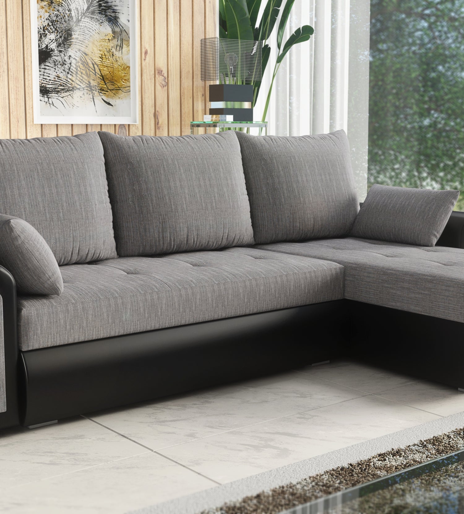 UNIVERSAL CORNER SOFA BED ECO 240CM GREY/BLACK FAUX LEATHER BERLIN 01 / MADRYT 9100 2X STORAGETHIS MODEL IS UNIVERSAL WHICH MEANS YOU CAN CHOOSE CORNER SIDE DURING ASSEMBLY Specifications: frame made of pine wood and furniture board (synee) Seats are made