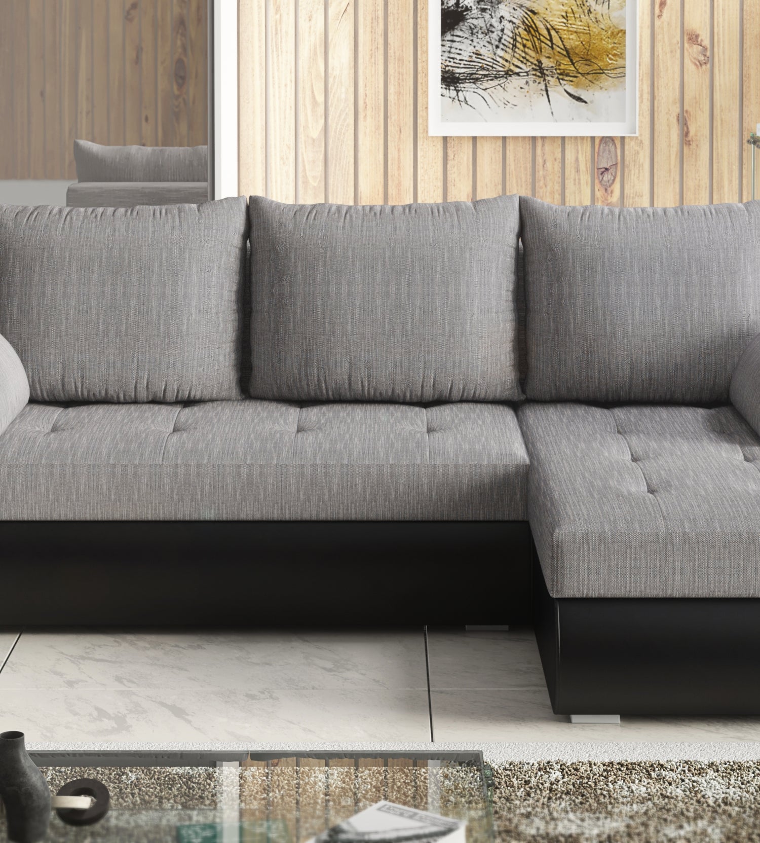 UNIVERSAL CORNER SOFA BED ECO 240CM GREY/BLACK FAUX LEATHER BERLIN 01 / MADRYT 9100 2X STORAGETHIS MODEL IS UNIVERSAL WHICH MEANS YOU CAN CHOOSE CORNER SIDE DURING ASSEMBLY Specifications: frame made of pine wood and furniture board (synee) Seats are made