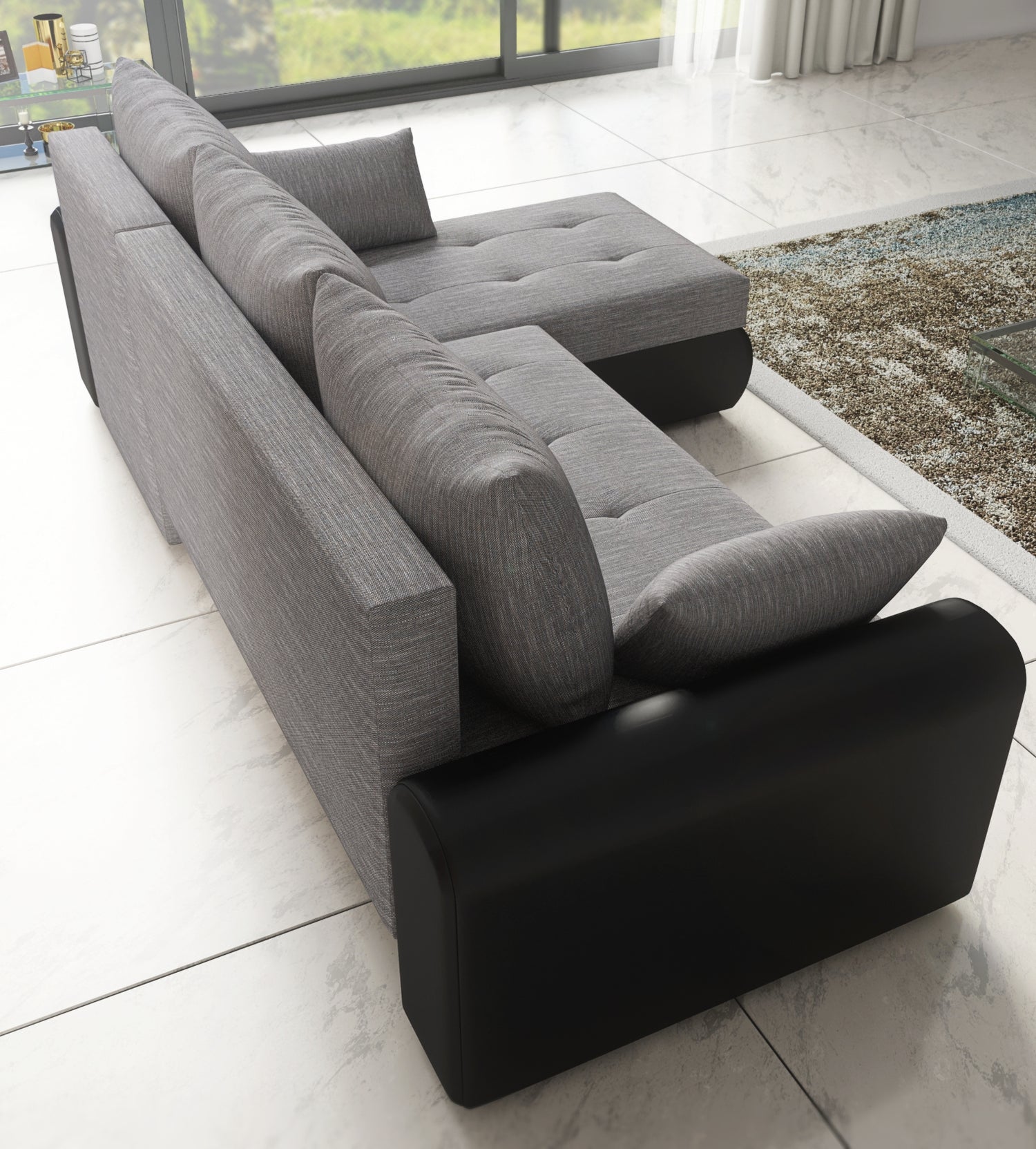 UNIVERSAL CORNER SOFA BED ECO 240CM GREY/BLACK FAUX LEATHER BERLIN 01 / MADRYT 9100 2X STORAGETHIS MODEL IS UNIVERSAL WHICH MEANS YOU CAN CHOOSE CORNER SIDE DURING ASSEMBLY Specifications: frame made of pine wood and furniture board (synee) Seats are made