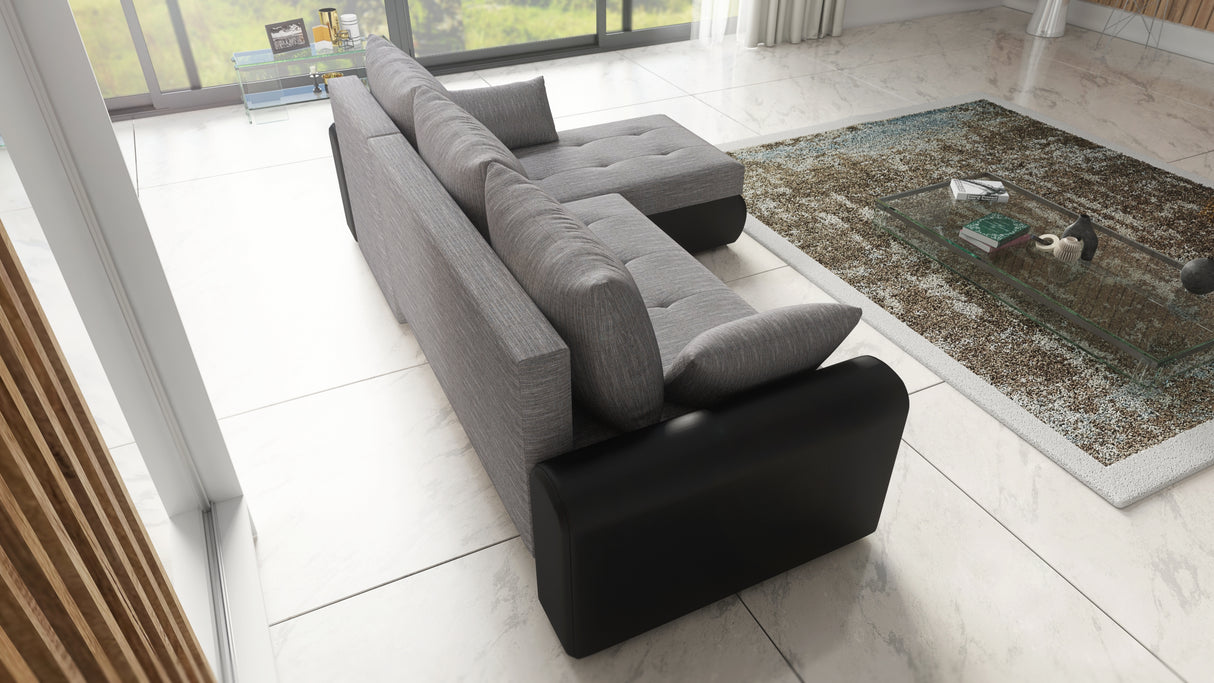 UNIVERSAL CORNER SOFA BED ECO 240CM GREY/BLACK FAUX LEATHER BERLIN 01 / MADRYT 9100 2X STORAGETHIS MODEL IS UNIVERSAL WHICH MEANS YOU CAN CHOOSE CORNER SIDE DURING ASSEMBLY Specifications: frame made of pine wood and furniture board (synee) Seats are made