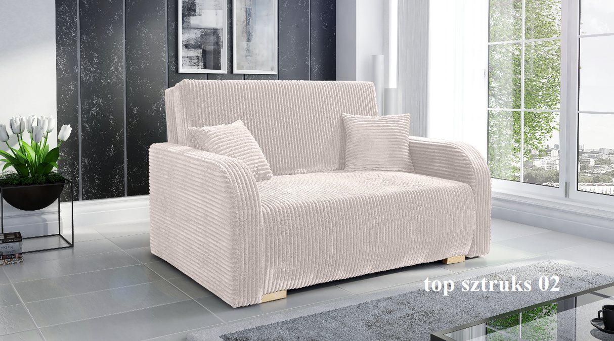 TWO SEATER SOFA BED LILY II 136CM / SPRINGS + FOAMDimensions:- width 136 cm- height 85 cm- depth 95 cm- sleeping area 113x195 cm Made on a solid wooden frame made of pine, the structure will allow for long-term and trouble-free use Sleeping function - the