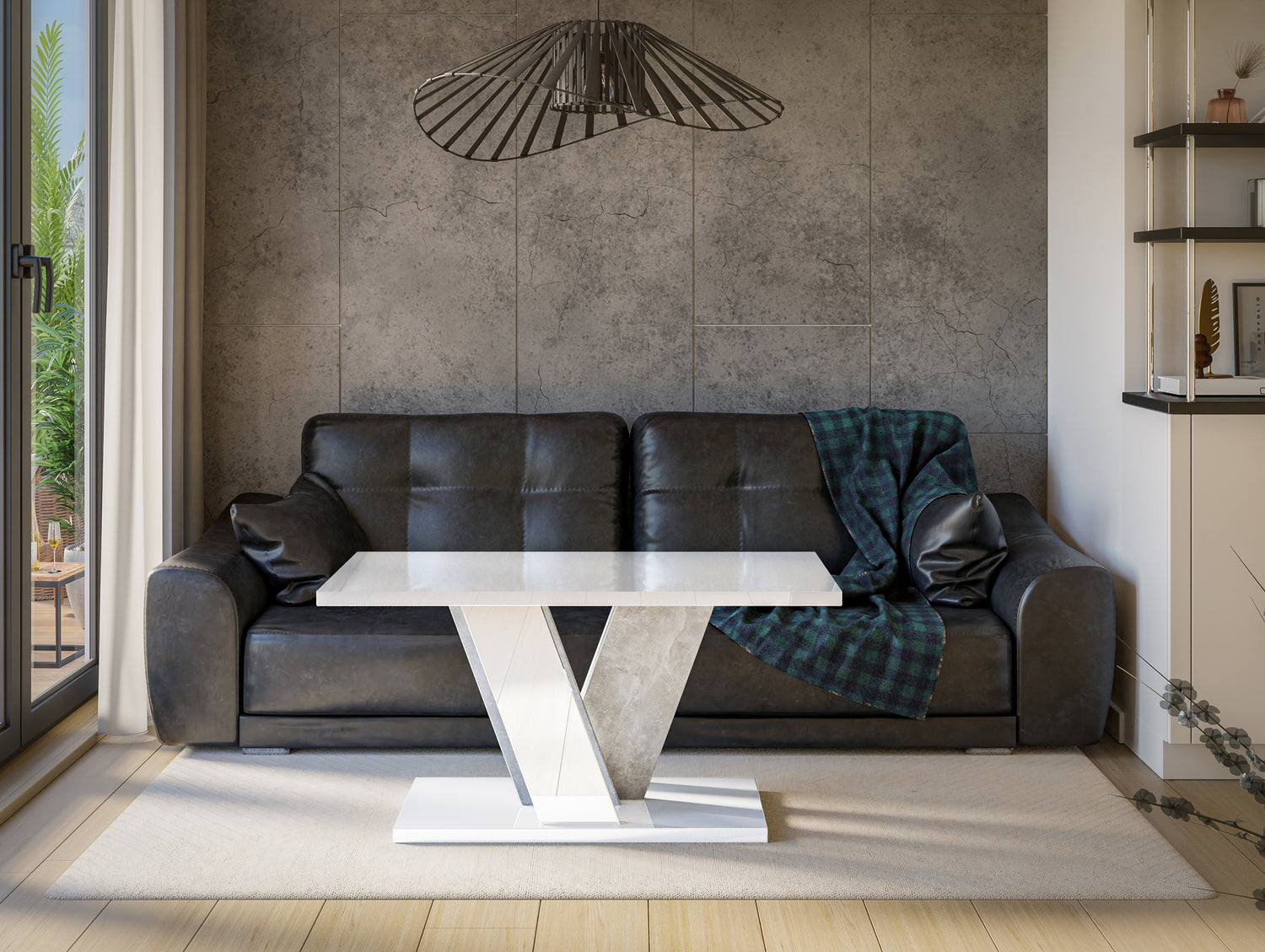 COFFEE TABLE VINEY WHITE GLOSS / STONE GREYCoffee Table Viney White Gloss / Stone Grey The COFFEE TABLE VINEY brings a distinct and contemporary look to any space. Its unconventional design adds a fresh and airy feel to your home decor. Perfect for the di