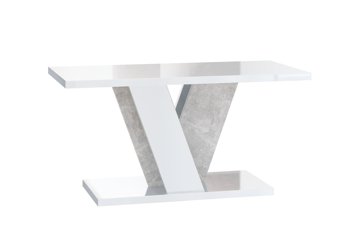 COFFEE TABLE VINEY WHITE GLOSS / STONE GREYCoffee Table Viney White Gloss / Stone Grey The COFFEE TABLE VINEY brings a distinct and contemporary look to any space. Its unconventional design adds a fresh and airy feel to your home decor. Perfect for the di