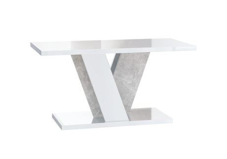 COFFEE TABLE VINEY WHITE GLOSS / STONE GREYCoffee Table Viney White Gloss / Stone Grey The COFFEE TABLE VINEY brings a distinct and contemporary look to any space. Its unconventional design adds a fresh and airy feel to your home decor. Perfect for the di