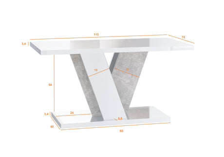 COFFEE TABLE VINEY WHITE GLOSS / STONE GREYCoffee Table Viney White Gloss / Stone Grey The COFFEE TABLE VINEY brings a distinct and contemporary look to any space. Its unconventional design adds a fresh and airy feel to your home decor. Perfect for the di