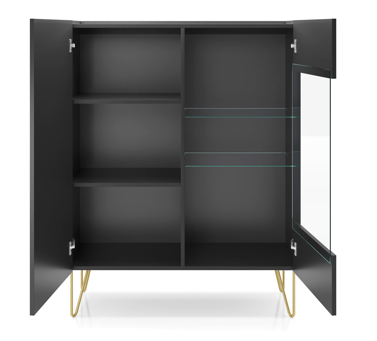 Display cabinet HARMONY 04 black / black marbleStorage cabinet HARMONY 02 black / black marble 97/122/37CM ColourBlack / Black marble + Golden MaterialLaminated board 16mm VeneerEdging ABS Metal Legs PUSH-TO-OPENAnna Furniture