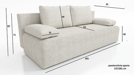 NEW!! SOFA BED ZOYA 201cm POSO 105Dimensions: sleeping area 137x201 cm width 201 cm depth 91 cm height to the seat 40 cm * dimensions given with a tolerance of +/- 3 cm Execution: • frame: pine wood + board chipboard, • unfolding system: AUTOMAT DL • seat