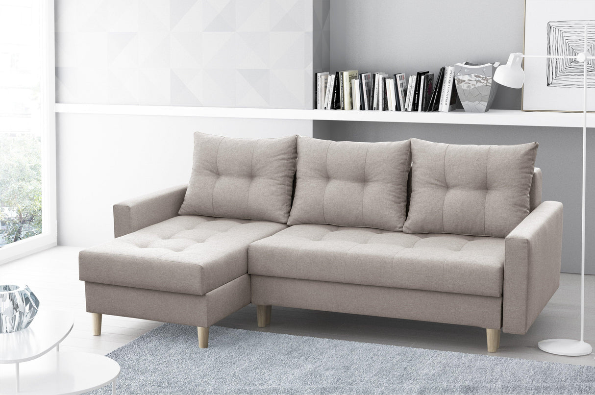 CORNER SOFA BED BRIAN 2X STORAGE SPACE MALMO 08 222x140cm universal RIGHT/LEFT CORNER / BONELL SPINGS + FOAMTHIS MODEL IS UNIVERSAL WHICH MEANS YOU CAN CHOOSE CORNER SIDE DURING ASSEMBLYMADE IN MALMO FABRIC CLICK HERE3x PILLOWS INCLUDED2X STORAGE SPACEWOO