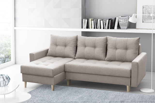CORNER SOFA BED BRIAN 2X STORAGE SPACE MALMO 08 222x140cm universal RIGHT/LEFT CORNER / BONELL SPINGS + FOAMTHIS MODEL IS UNIVERSAL WHICH MEANS YOU CAN CHOOSE CORNER SIDE DURING ASSEMBLYMADE IN MALMO FABRIC CLICK HERE3x PILLOWS INCLUDED2X STORAGE SPACEWOO