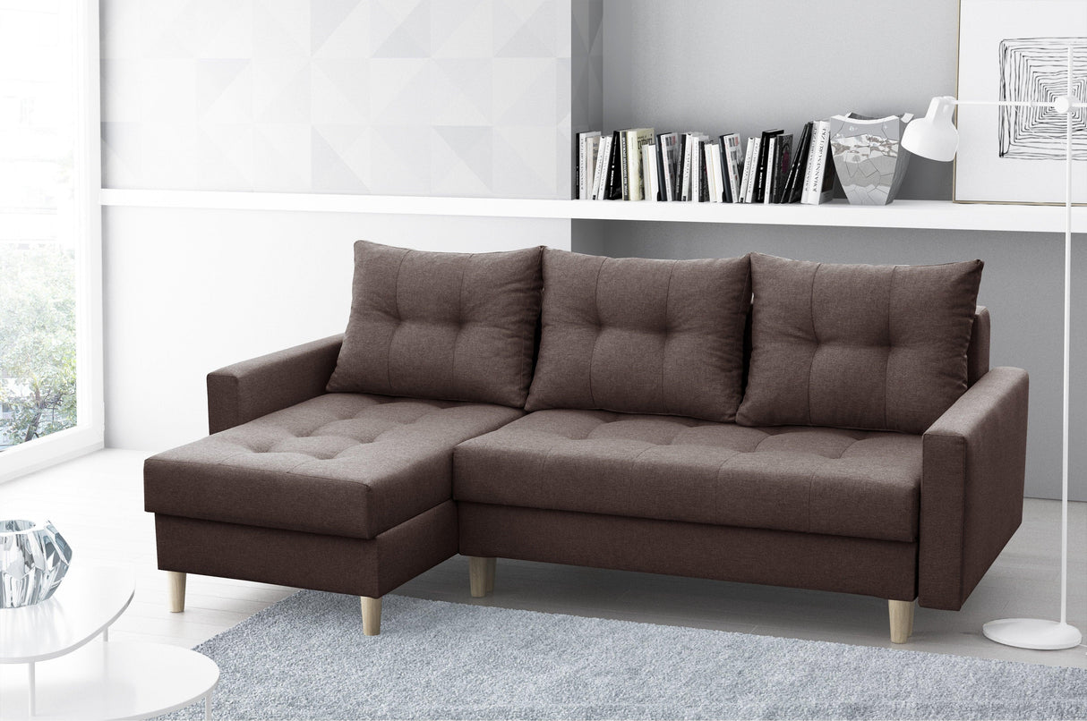 CORNER SOFA BED BRIAN 2X STORAGE SPACE MALMO 28 222x140cm universal RIGHT/LEFT CORNER / BONELL SPINGS + FOAMTHIS MODEL IS UNIVERSAL WHICH MEANS YOU CAN CHOOSE CORNER SIDE DURING ASSEMBLYMADE IN MALMO FABRIC CLICK HERE3x PILLOWS INCLUDED2X STORAGE SPACEWOO