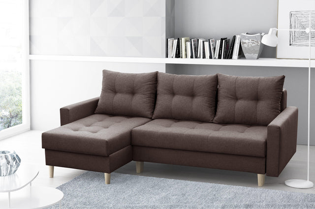 CORNER SOFA BED BRIAN 2X STORAGE SPACE MALMO 28 222x140cm universal RIGHT/LEFT CORNER / BONELL SPINGS + FOAMTHIS MODEL IS UNIVERSAL WHICH MEANS YOU CAN CHOOSE CORNER SIDE DURING ASSEMBLYMADE IN MALMO FABRIC CLICK HERE3x PILLOWS INCLUDED2X STORAGE SPACEWOO